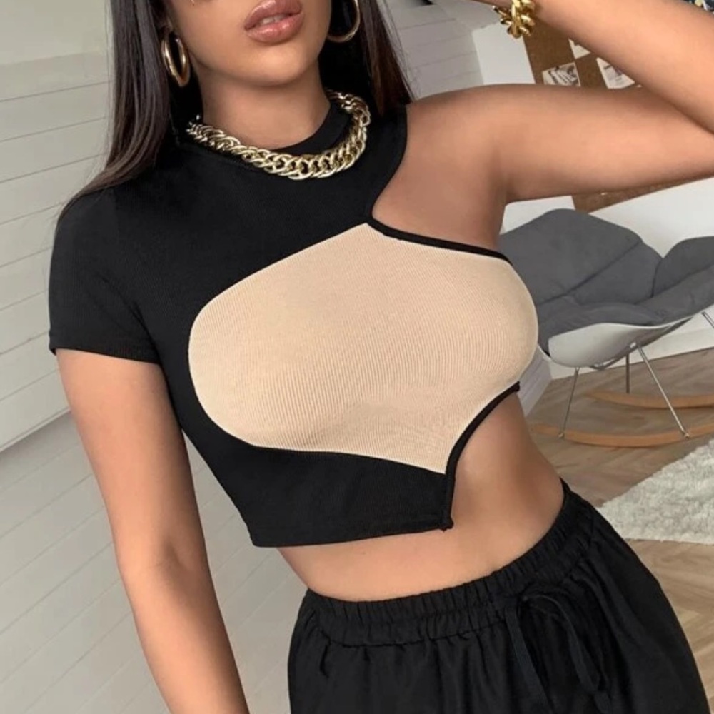 Chic Black and Tan Asymmetrical Women's Top